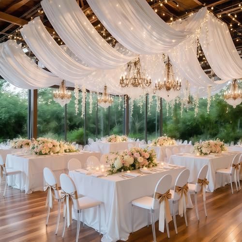 6 Panels White Ceiling Curtains with Lights for Weddings - 5ftx10ft Wrinkle-Free Tulle Fabric Wedding Arch, alternate view 4