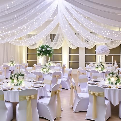 6 Panels White Ceiling Curtains with Lights for Weddings - 5ftx10ft Wrinkle-Free Tulle Fabric Wedding Arch, alternate view 5