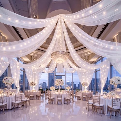 6 Panels White Ceiling Curtains with Lights for Weddings - 5ftx30ft Wrinkle-Free Tulle Fabric Wedding Arch
