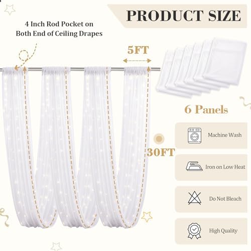 6 Panels White Ceiling Curtains with Lights for Weddings - 5ftx30ft Wrinkle-Free Tulle Fabric Wedding Arch, alternate view 2