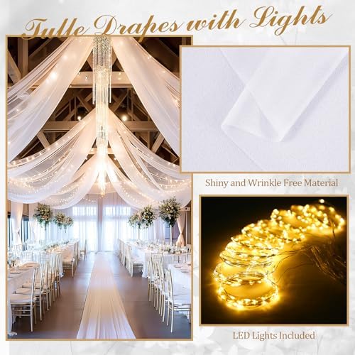 6 Panels White Ceiling Curtains with Lights for Weddings - 5ftx30ft Wrinkle-Free Tulle Fabric Wedding Arch, alternate view 3