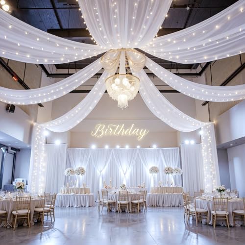 6 Panels White Ceiling Curtains with Lights for Weddings - 5ftx30ft Wrinkle-Free Tulle Fabric Wedding Arch, alternate view 5