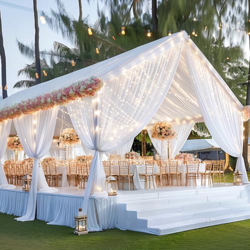 6 Panels White Ceiling Curtains with Lights for Weddings - 5ftx30ft Wrinkle-Free Tulle Fabric Wedding Arch, alternate view 6