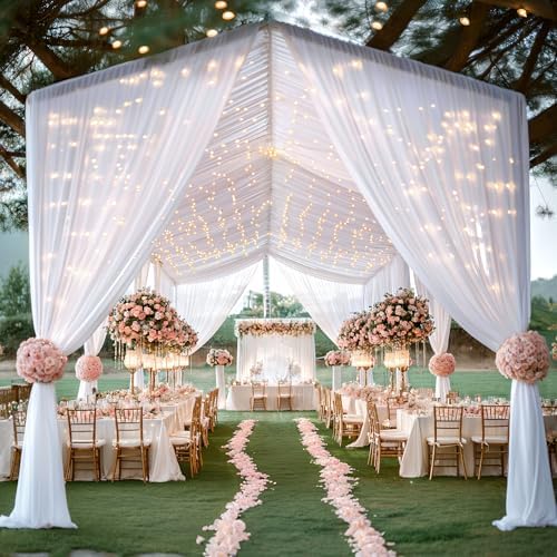 6 Panels White Ceiling Curtains with Lights for Weddings - 5ftx30ft Wrinkle-Free Tulle Fabric Wedding Arch, alternate view 7