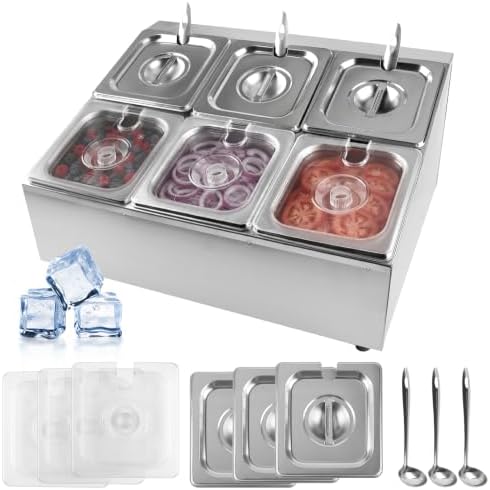 6 Pans Pizza Topping Storage Station with Lids and Spoons in 6 Pans in silver