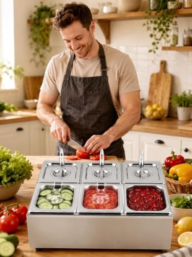 6 Pans Pizza Topping Storage Station with Lids and Spoons in 6 Pans in silver, alternate view 2