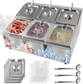6 Pans Stainless Steel Pizza Topping Storage Station with Lids in Silver 2 Rows