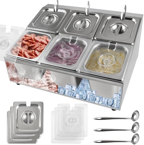 6 Pans Stainless Steel Pizza Topping Storage Station with Lids in Silver 2 Rows