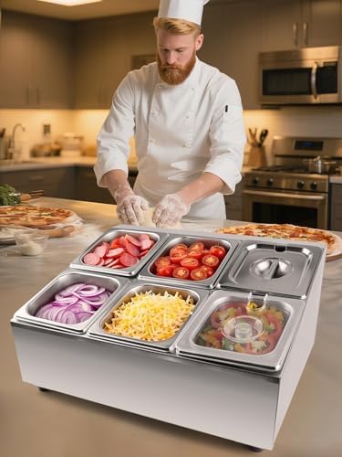 6 Pans Stainless Steel Pizza Topping Storage Station with Lids in Silver 2 Rows, alternate view 2