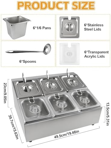 6 Pans Stainless Steel Pizza Topping Storage Station with Lids in Silver 2 Rows, alternate view 3