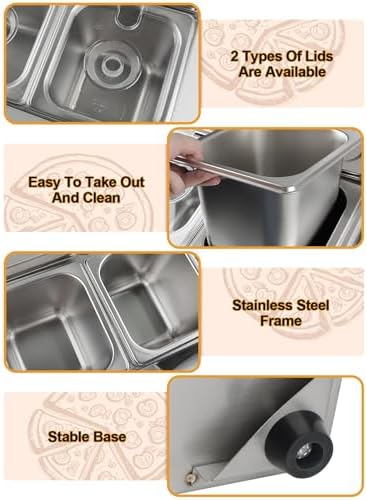 6 Pans Stainless Steel Pizza Topping Storage Station with Lids in Silver 2 Rows, alternate view 4