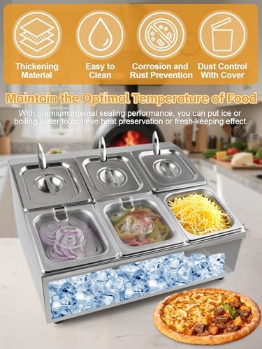 6 Pans Stainless Steel Pizza Topping Storage Station with Lids in Silver 2 Rows, alternate view 5