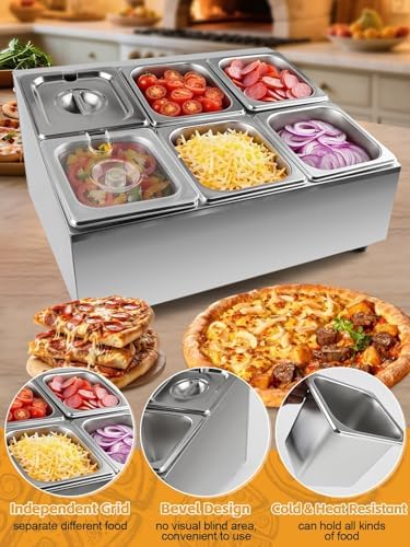 6 Pans Stainless Steel Pizza Topping Storage Station with Lids in Silver 2 Rows, alternate view 6
