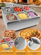 6 Pans Stainless Steel Pizza Topping Storage Station with Lids in Silver 2 Rows, alternate view 6
