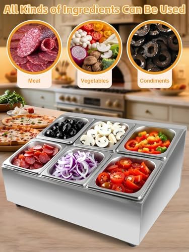 6 Pans Stainless Steel Pizza Topping Storage Station with Lids in Silver 2 Rows, alternate view 7