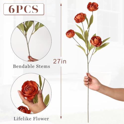6 Pcs 27" Artificial Fall Peony Silk Flower Stems for Vase Decor(Orange), alternate view 6
