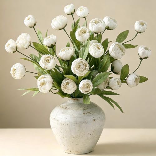 6 Pcs 27" Artificial Peony Stems Faux Silk Flowers White