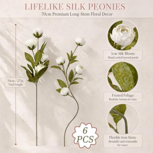 6 Pcs 27" Artificial Peony Stems Faux Silk Flowers White, alternate view 2