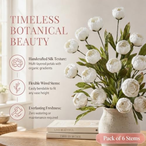 6 Pcs 27" Artificial Peony Stems Faux Silk Flowers White, alternate view 3