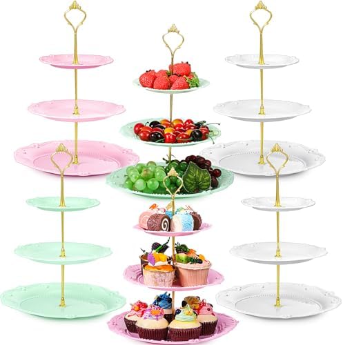 6 Pcs 3 Tier Cupcake Stand Tea Party Trays 3 Tier Serving Tray Plastic Dessert Stand Cake Fruit Candy Display