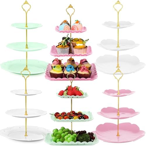 6 Pcs 3 Tier Cupcake Stand Tea Party Trays 3 Tier Serving Tray Plastic Dessert Stand Cake Fruit Candy Display