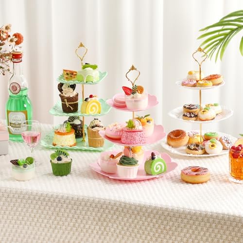 6 Pcs 3 Tier Cupcake Stand Tea Party Trays 3 Tier Serving Tray Plastic Dessert Stand Cake Fruit Candy Display, alternate view