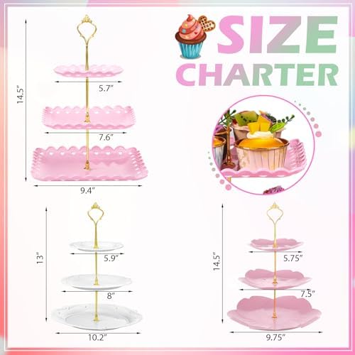 6 Pcs 3 Tier Cupcake Stand Tea Party Trays 3 Tier Serving Tray Plastic Dessert Stand Cake Fruit Candy Display, alternate view