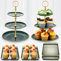 6 Pcs 3 Tier Green Cupcake Stand Tiered Serving Tray with Gold Rim Rectangle Serving Trays Round Plastic Dessert