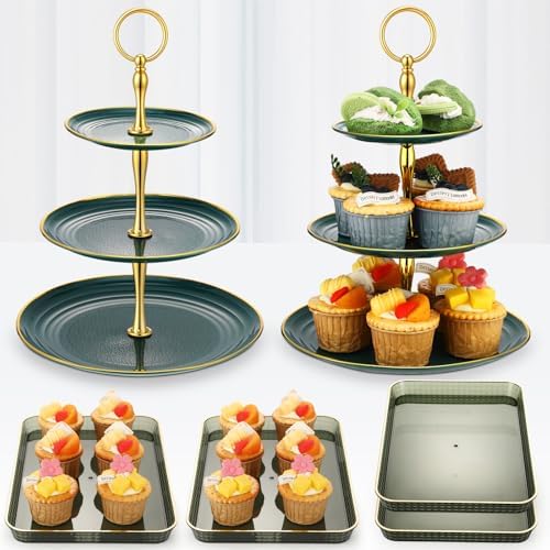 6 Pcs 3 Tier Green Cupcake Stand Tiered Serving Tray with Gold Rim Rectangle Serving Trays Round Plastic Dessert