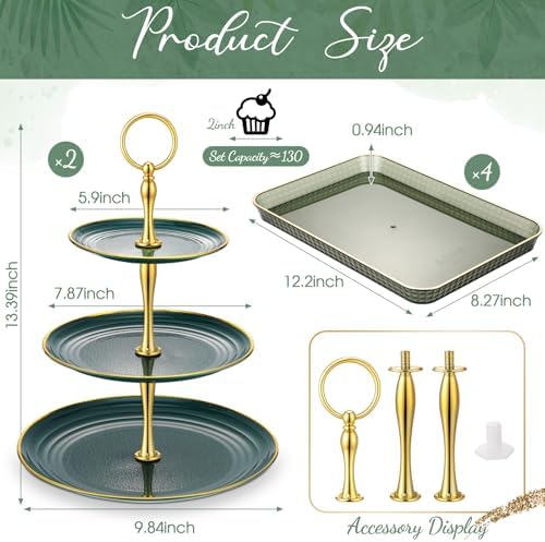 6 Pcs 3 Tier Green Cupcake Stand Tiered Serving Tray with Gold Rim Rectangle Serving Trays Round Plastic Dessert, alternate