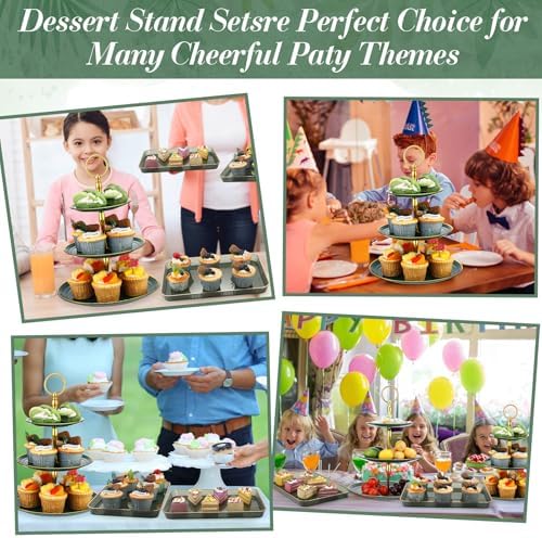 6 Pcs 3 Tier Green Cupcake Stand Tiered Serving Tray with Gold Rim Rectangle Serving Trays Round Plastic Dessert, alternate