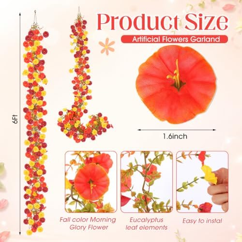 6 Pcs 36 ft Total Fall Orange Flower Garland Thanksgiving Decor in Fall 3 Color, alternate view 2