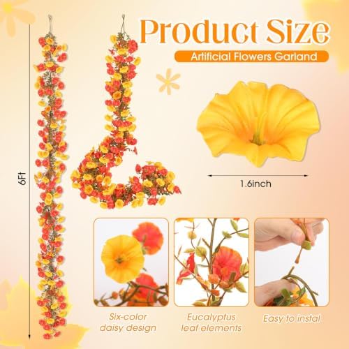 6 Pcs 6 ft Fall Artificial Flower Garland for Thanksgiving Decor in Fall 2 Color, alternate view 2