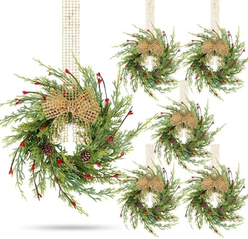 6 Pcs 9 Inch Christmas Wreaths for Kitchen Cabinet Artificial Cedar Pine Hanging Wreath with Red Berries Pine