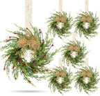 6 Pcs 9 Inch Christmas Wreaths for Kitchen Cabinet Artificial Cedar Pine Hanging Wreath with Red Berries Pine