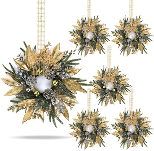 6 Pcs 9 Inch Christmas Wreaths for Kitchen Cabinet Artificial Pine Hanging Cedar Wreath with Christmas Balls