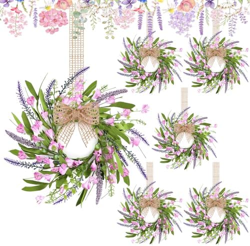 6 PCS 9'' Mini Pink Forsythia Lavender Wreath for Front Door Small Spring Kitchen Cabinet Wreaths with Burlap