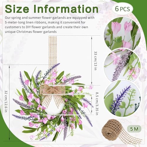 6 PCS 9'' Mini Pink Forsythia Lavender Wreath for Front Door Small Spring Kitchen Cabinet Wreaths with Burlap, alternate view