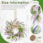 6 PCS 9'' Mini Pink Forsythia Lavender Wreath for Front Door Small Spring Kitchen Cabinet Wreaths with Burlap, alternate view