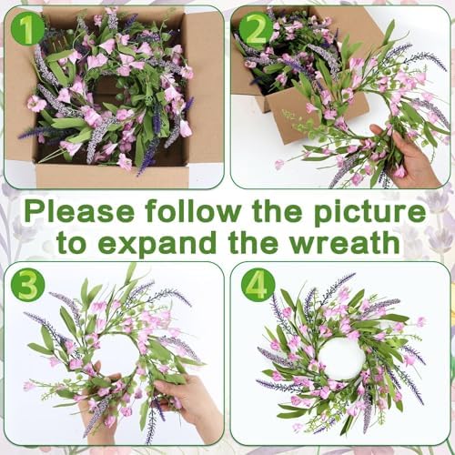 6 PCS 9'' Mini Pink Forsythia Lavender Wreath for Front Door Small Spring Kitchen Cabinet Wreaths with Burlap, alternate view