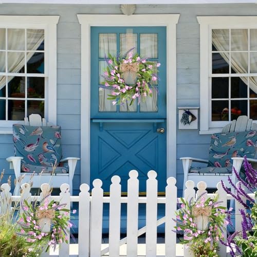 6 PCS 9'' Mini Pink Forsythia Lavender Wreath for Front Door Small Spring Kitchen Cabinet Wreaths with Burlap, alternate view
