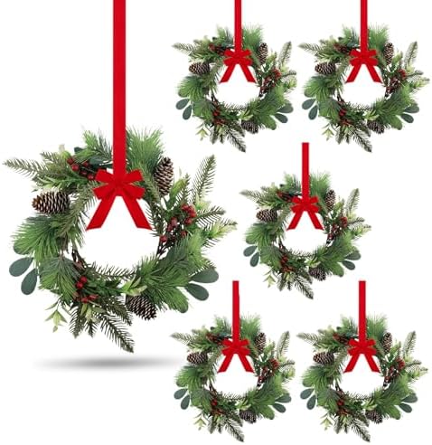 6 PCS 9" Small Christmas Norfolk Wreaths Mini Cabinet Wreaths for Kitchen with Red Berry Pinecone Cedar Bows