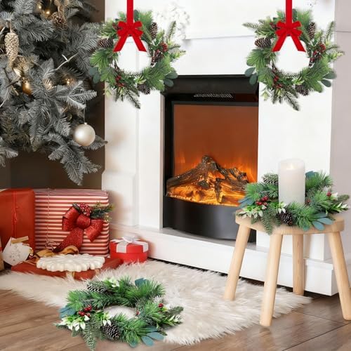 6 PCS 9" Small Christmas Norfolk Wreaths Mini Cabinet Wreaths for Kitchen with Red Berry Pinecone Cedar Bows, alternate view