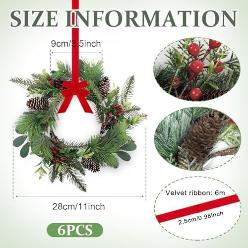 6 PCS 9" Small Christmas Norfolk Wreaths Mini Cabinet Wreaths for Kitchen with Red Berry Pinecone Cedar Bows, alternate view