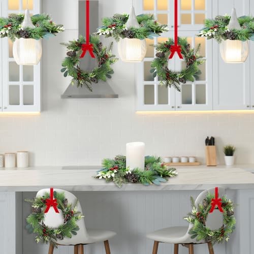 6 PCS 9" Small Christmas Norfolk Wreaths Mini Cabinet Wreaths for Kitchen with Red Berry Pinecone Cedar Bows, alternate view