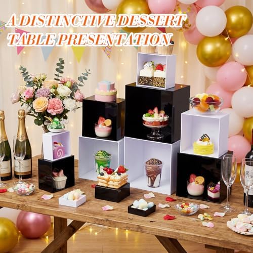 6 Pcs Acrylic Buffet Risers, Square 3 to 8 Inch, Black in about 6 x 6 x 2 inches, 7 x 7 x 4 inches, 8 x 8 x 6, alternate view