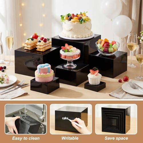 6 Pcs Acrylic Buffet Risers, Square 3 to 8 Inch, Black in about 6 x 6 x 2 inches, 7 x 7 x 4 inches, 8 x 8 x 6, alternate view