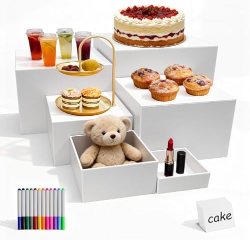 6 Pcs Acrylic Buffet Risers with Markers & Signs, Food Display Stands, Jewelry Dessert Table, Daily