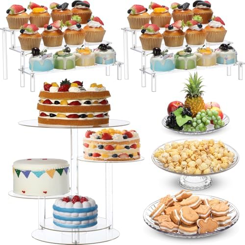 6 Pcs Acrylic Dessert Stand Set Tiered Tray Holder, Retro Style in clear