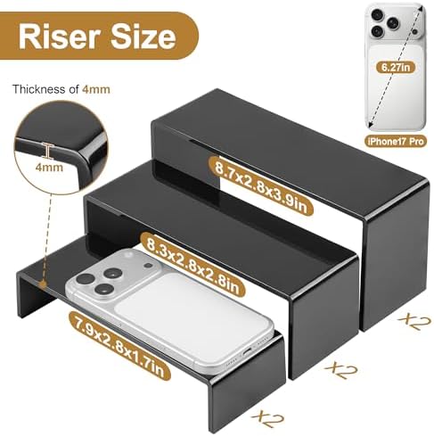 6 Pcs Acrylic Display Risers, 2 Set(7.9”L-8.3”L-8.7”L), Black in Black, alternate view 3